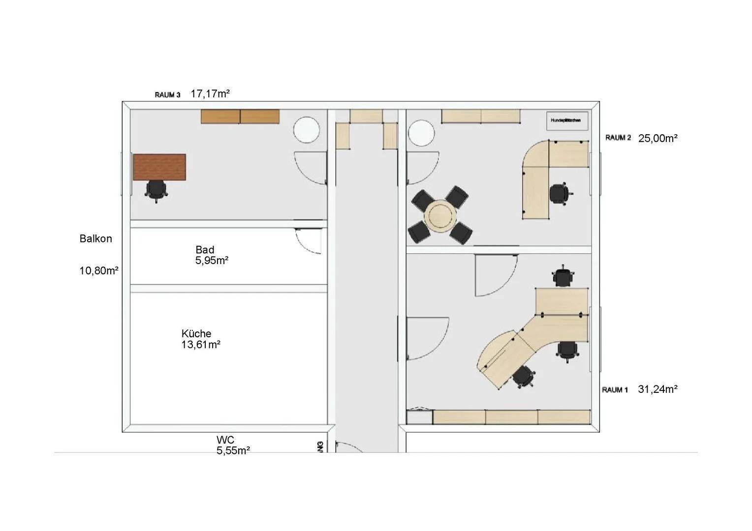 Grundriss einer Wohnung mit drei Räumen, Bad, Küche und Balkon, inklusive Flächenangaben.