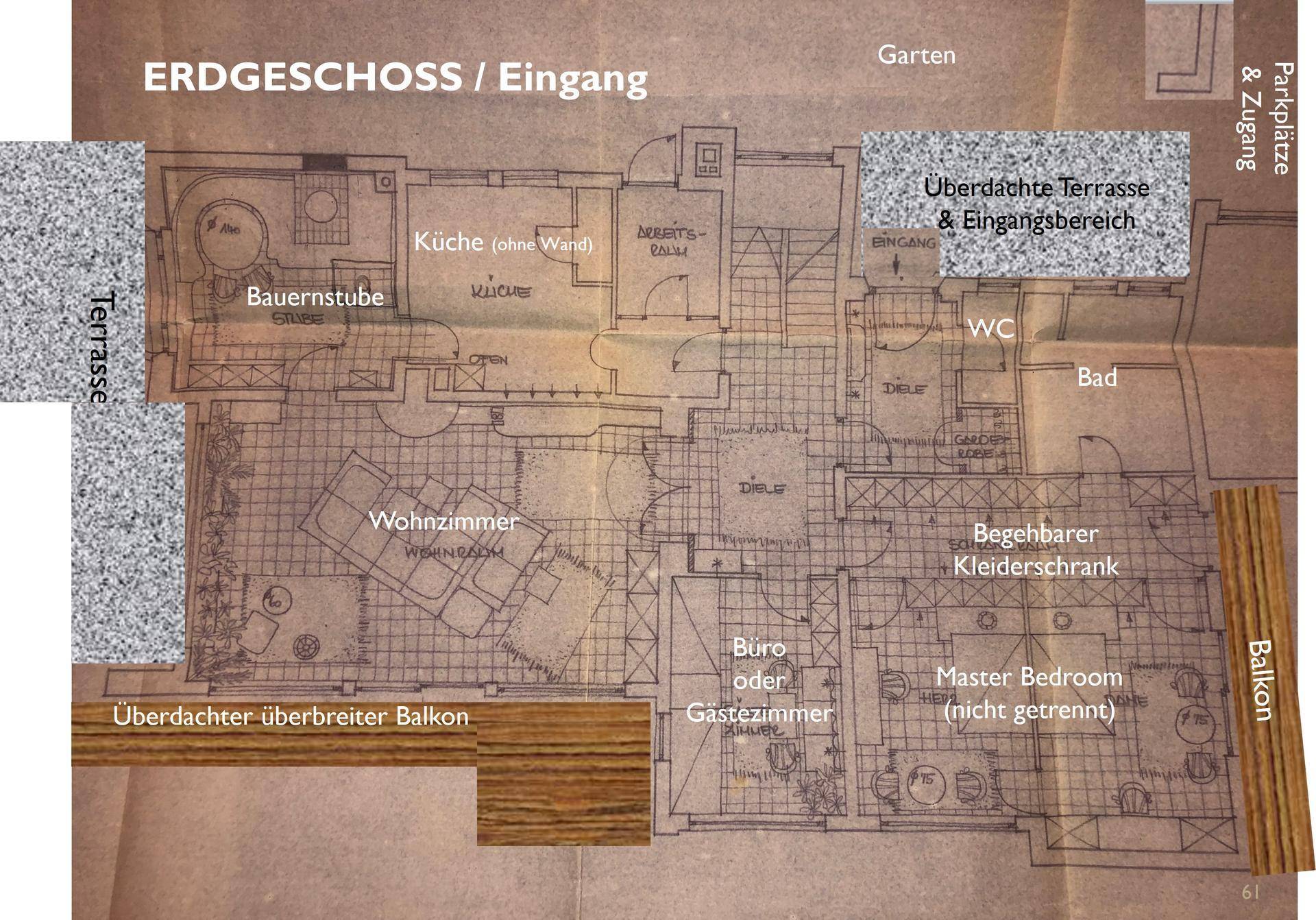Grundriss des Erdgeschosses mit Wohnzimmer, Küche, Büro und Terrasse.