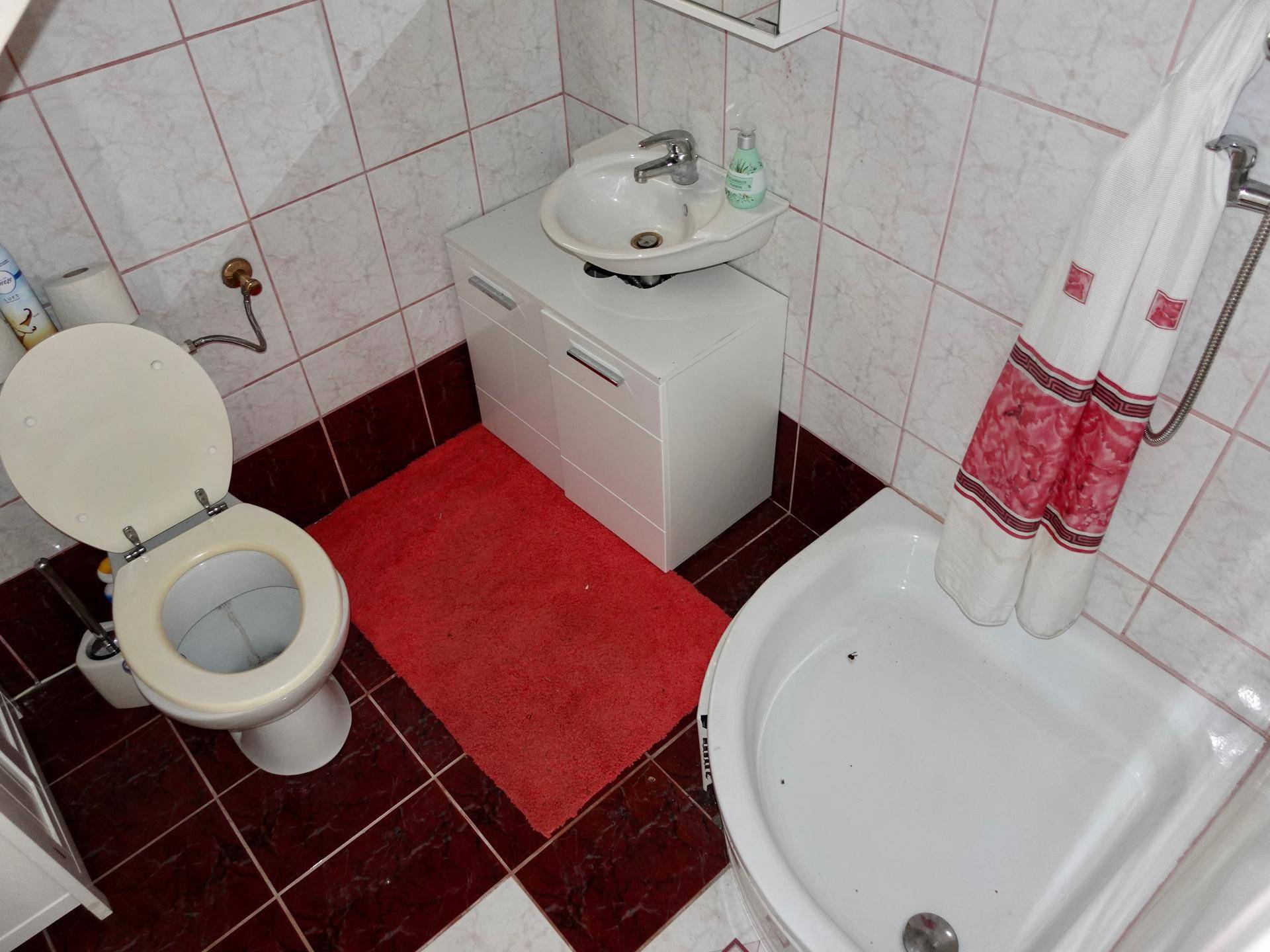 Kleines Badezimmer mit WC, Waschbecken und Eckdusche, gefliest in Rot und Weiß.