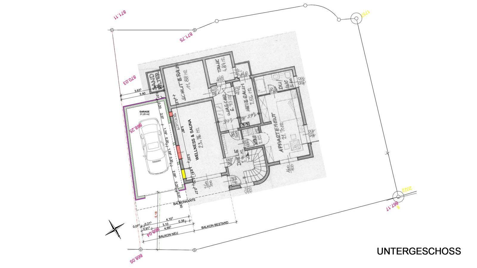 Grundriss des Untergeschosses mit Wellnessbereich, Sauna, Technikraum und Carport.