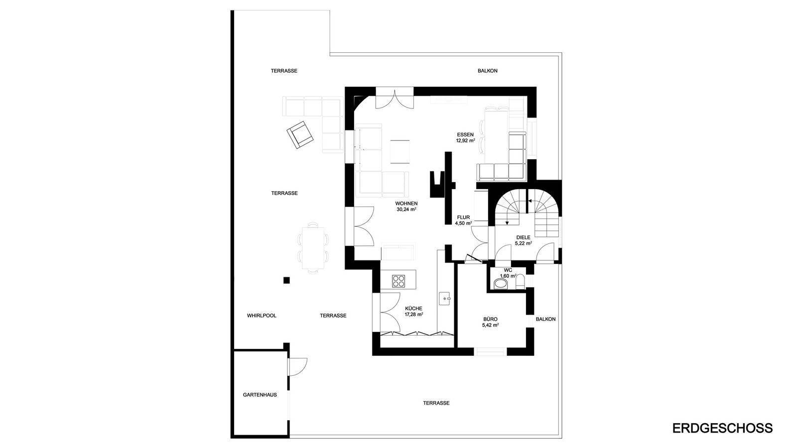 Grundriss des Erdgeschosses mit offenem Wohnbereich, Küche, Büro, großer Terrasse und Whirlpool.
