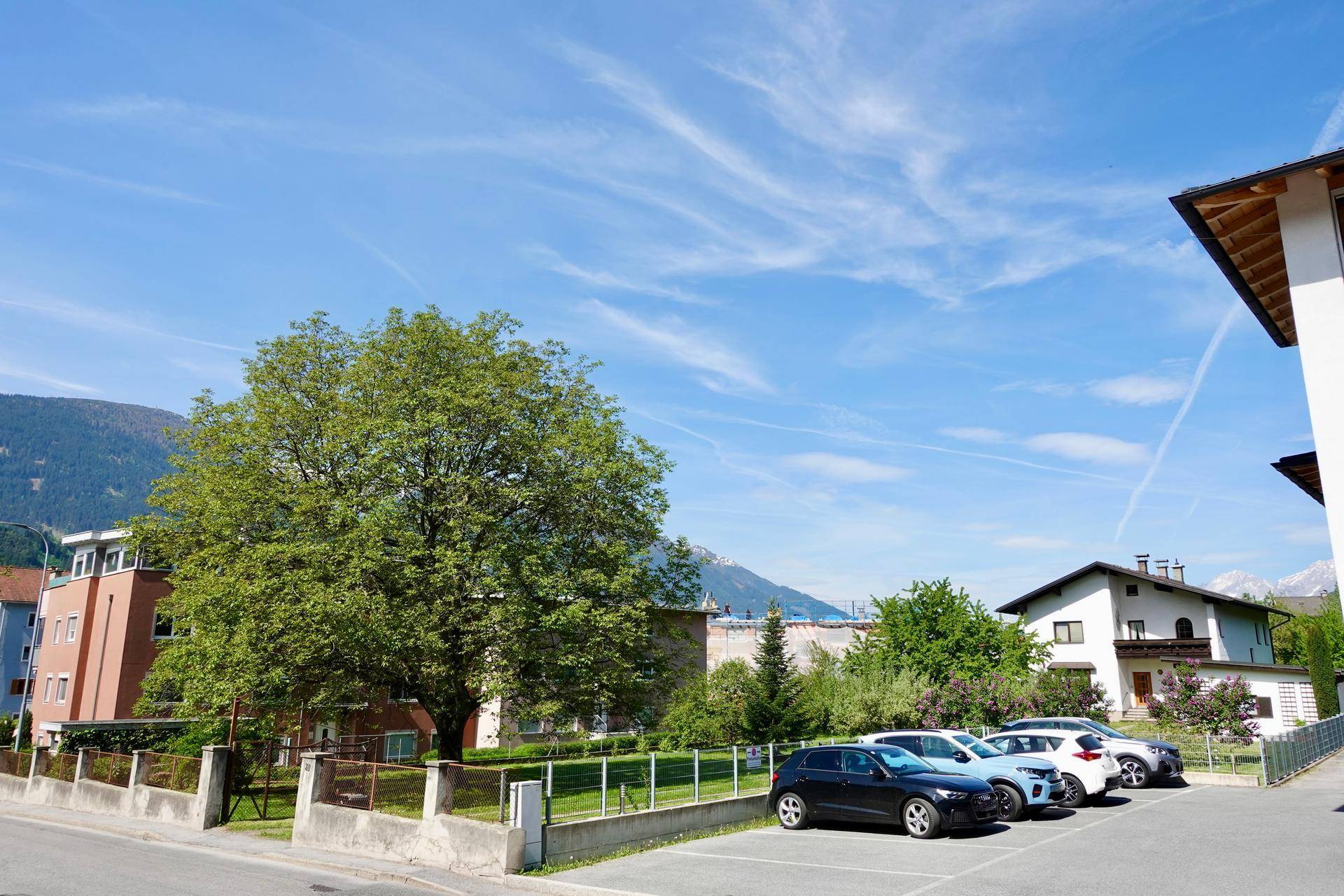 Straße mit geparkten Autos vor Wohnhäusern und einem großen Baum, mit Bergen im Hintergrund.