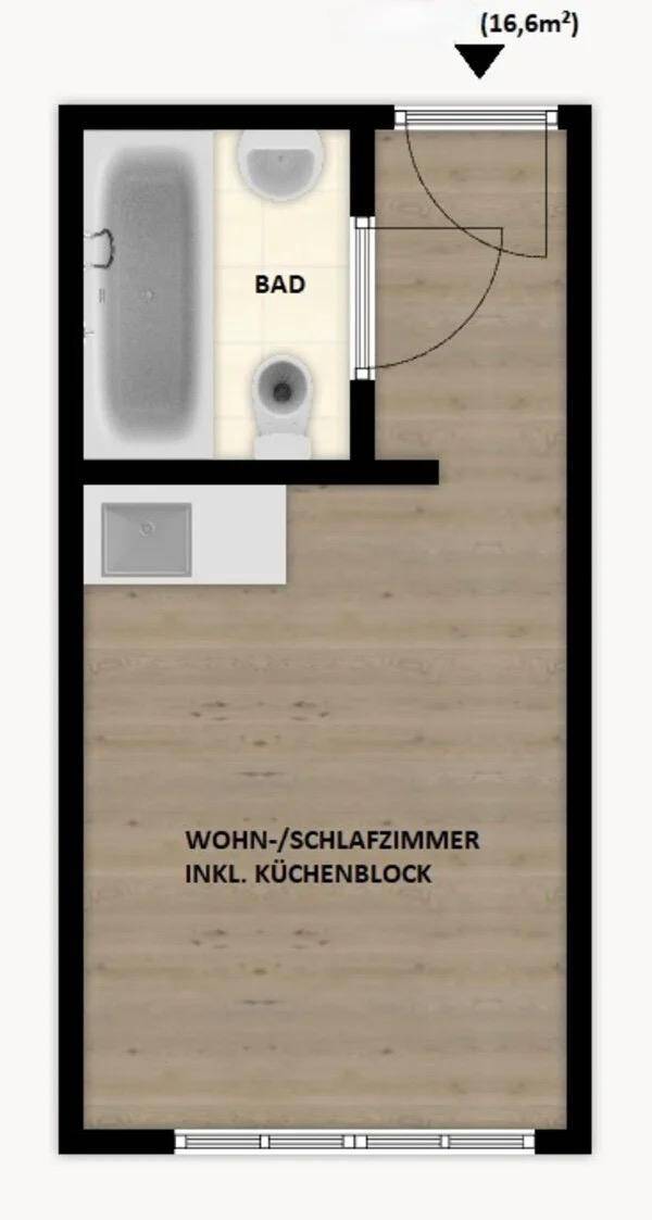 Grundriss einer kompakten Wohnung mit kombiniertem Wohn-/Schlafzimmer und separatem Badezimmer.