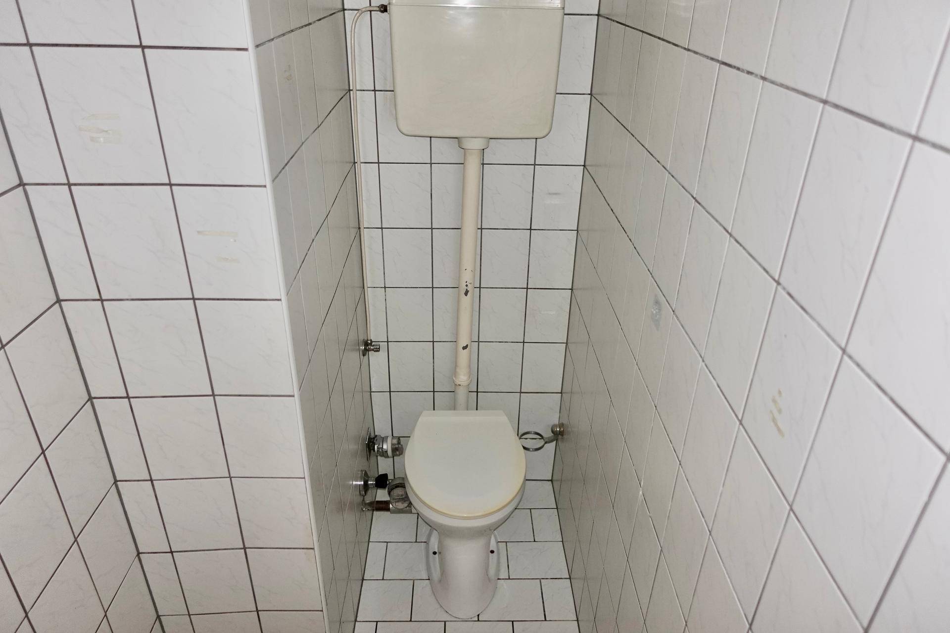 Schmale Toilette mit weißen Fliesen und einem hochhängenden Spülkasten.