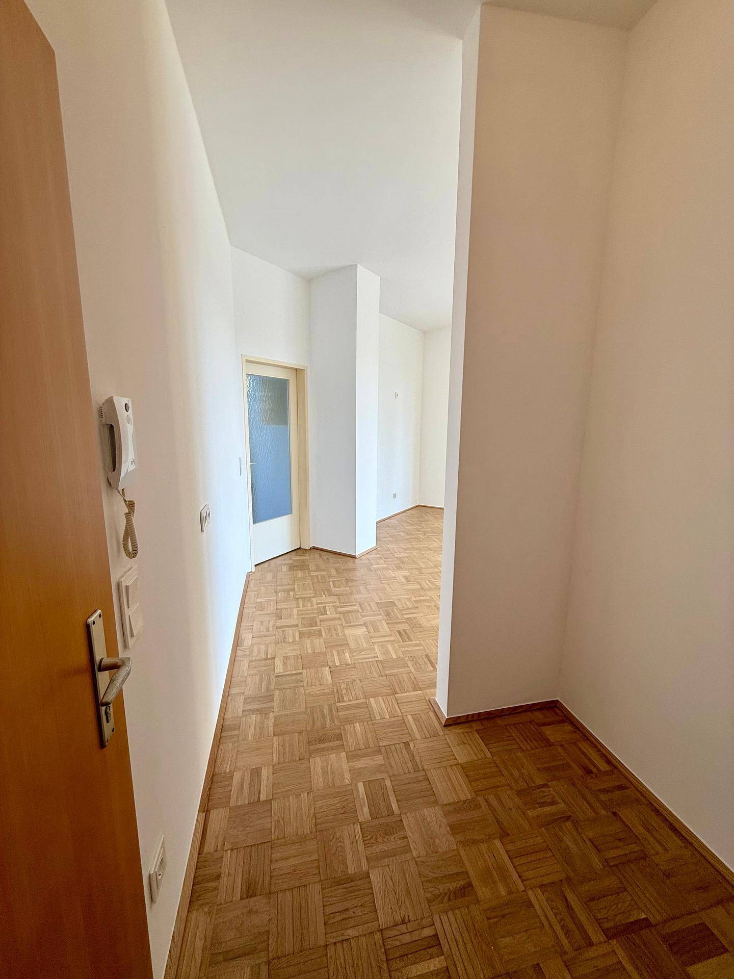 Heller Flur mit Parkettboden und Zugang zu weiteren Räumen, inklusive Gegensprechanlage.
