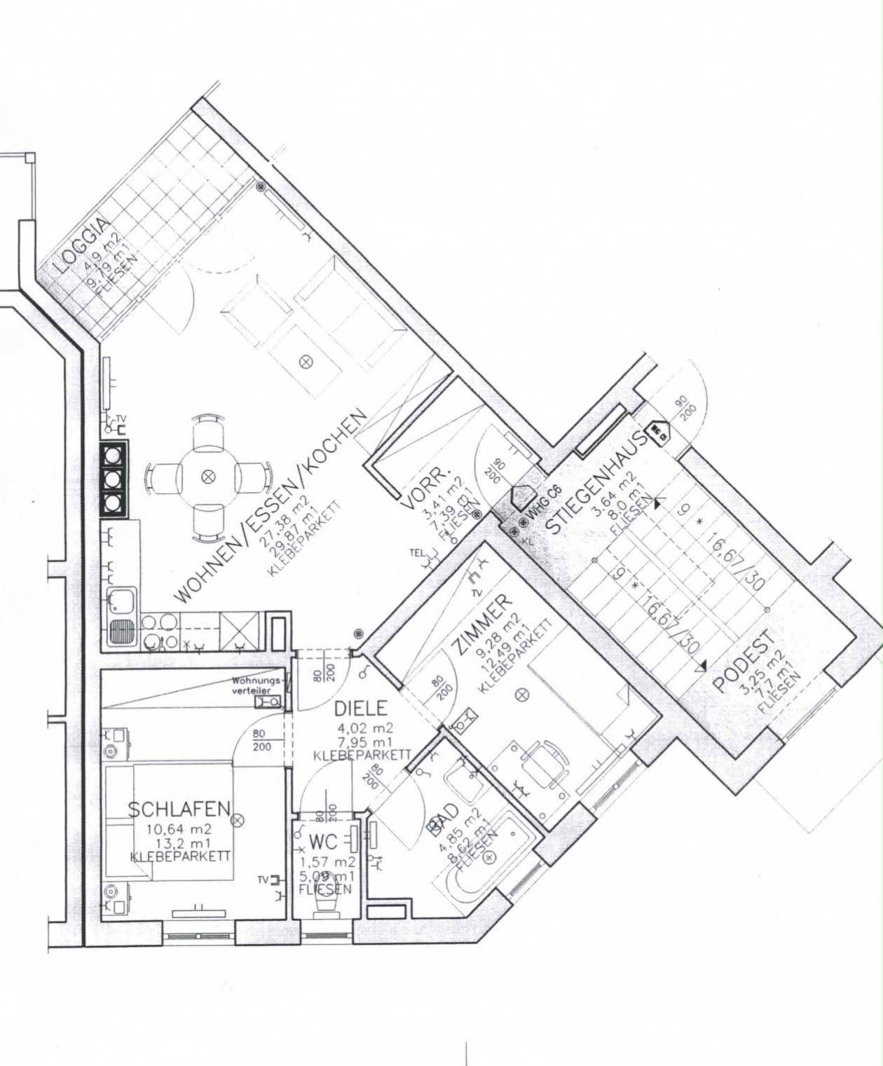 Detaillierter Grundriss einer Wohnung mit offenem Wohn-Ess-Kochbereich, zwei Zimmern und Loggia.
