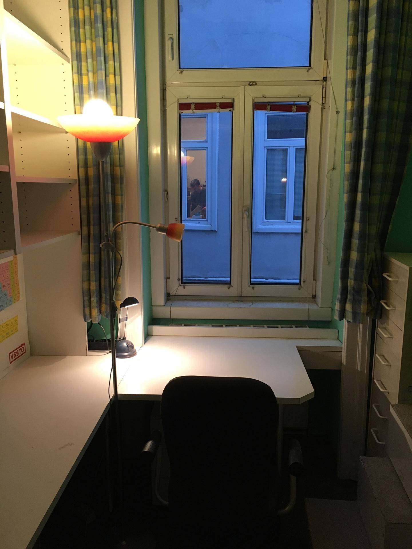 Schreibtischbereich mit Stuhl, Stehlampe und einem großen Fenster mit karierten Vorhängen für eine gemütliche Atmosphäre.
