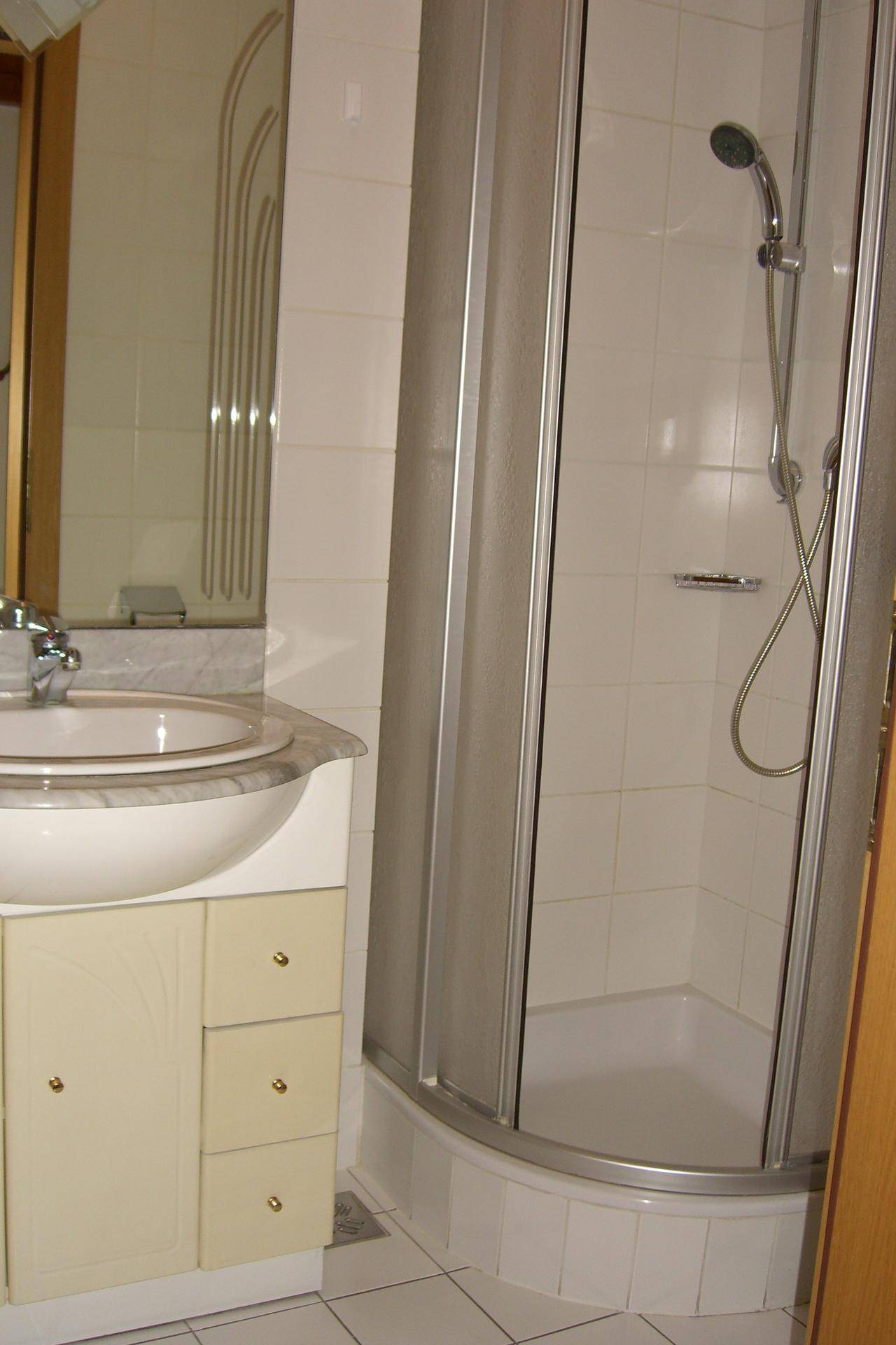 Funktionales Badezimmer mit Waschbecken, großem Spiegel und einer praktischen Duschkabine, alles in hellen Fliesen gehalten.