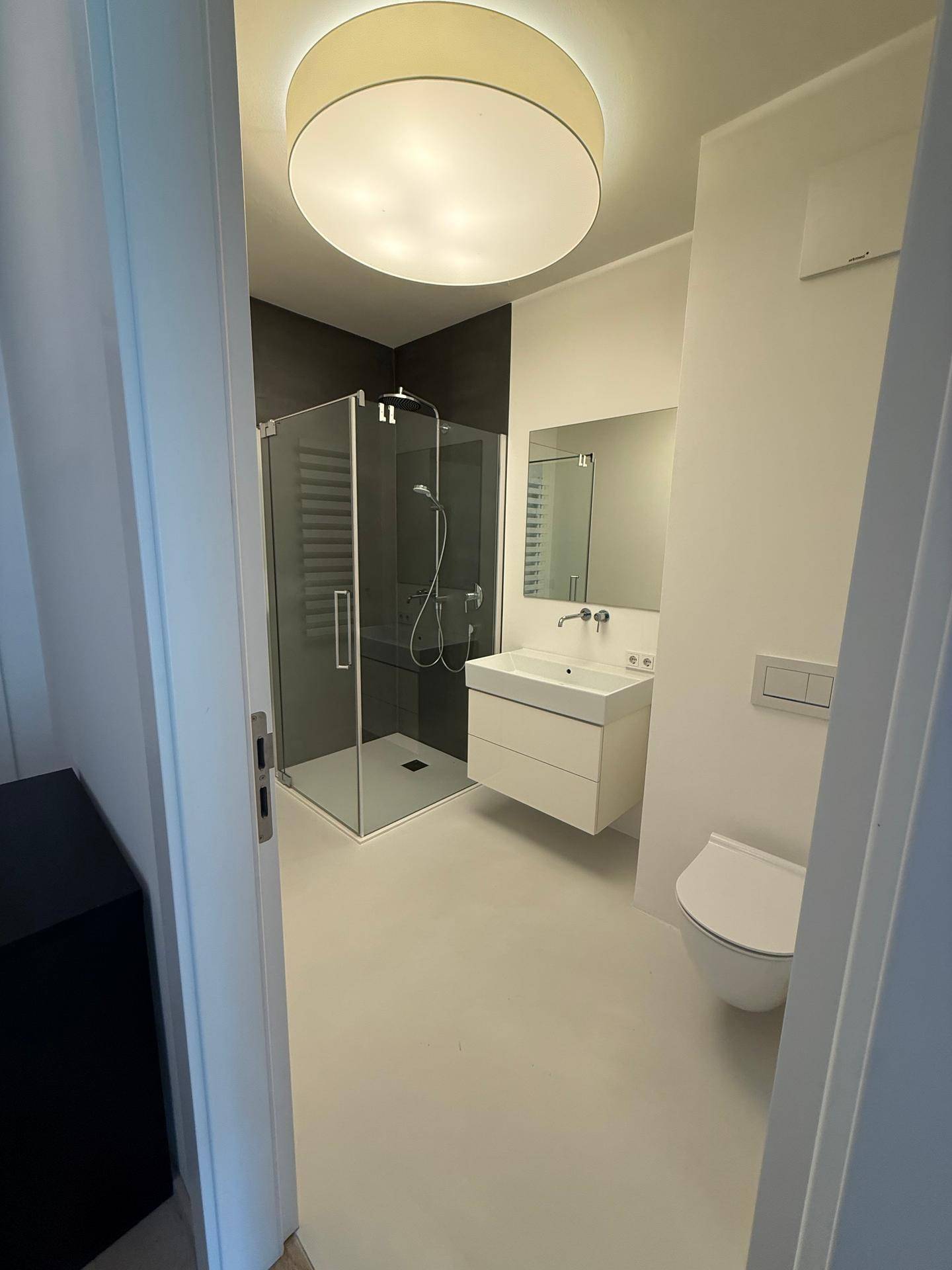 Helles Badezimmer mit moderner Duschkabine, Wand-WC und elegantem Waschbecken mit Spiegelschrank.