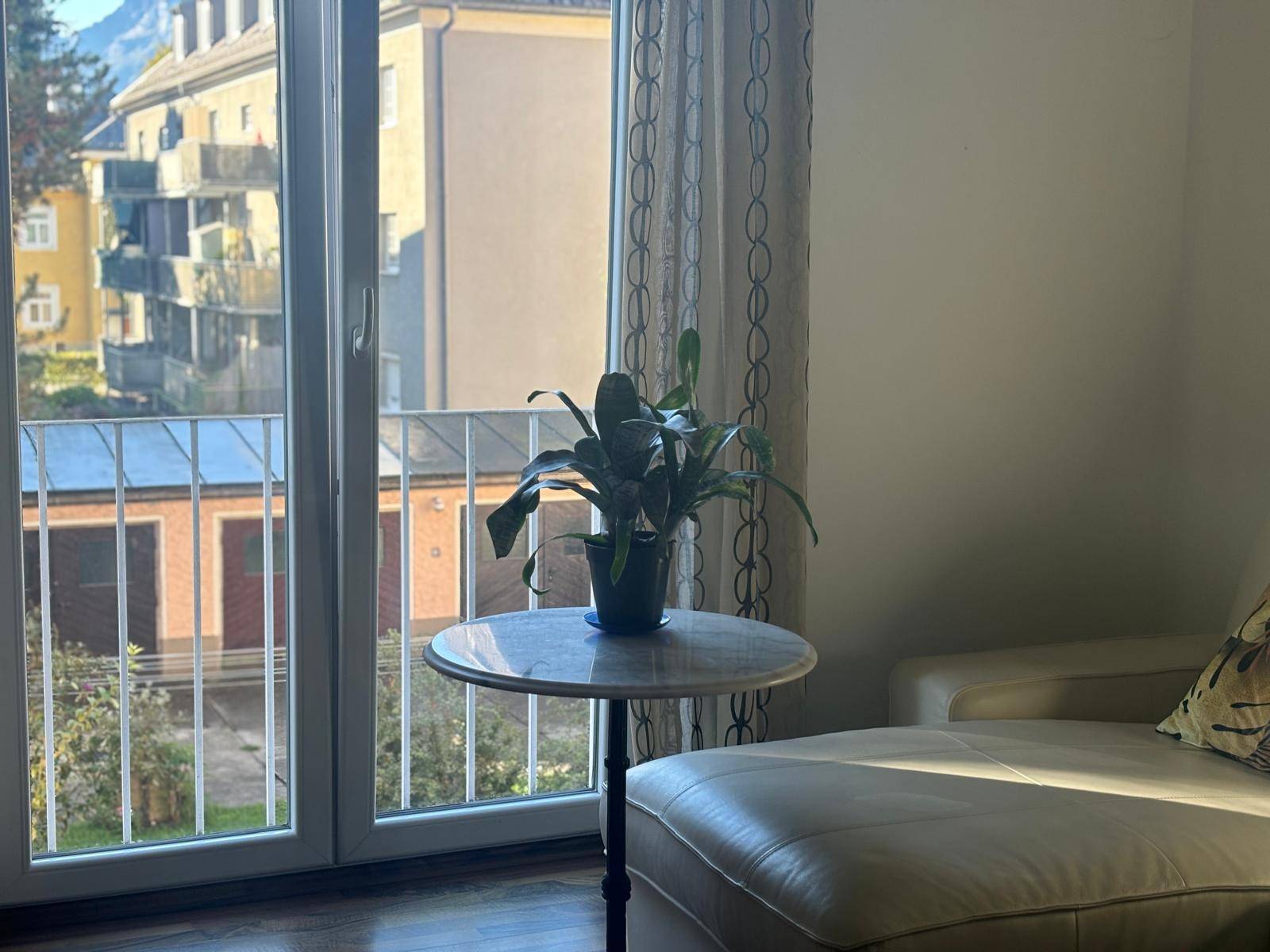 Detailansicht des Wohnzimmers mit Zimmerpflanze auf einem Beistelltisch und Blick nach draußen.