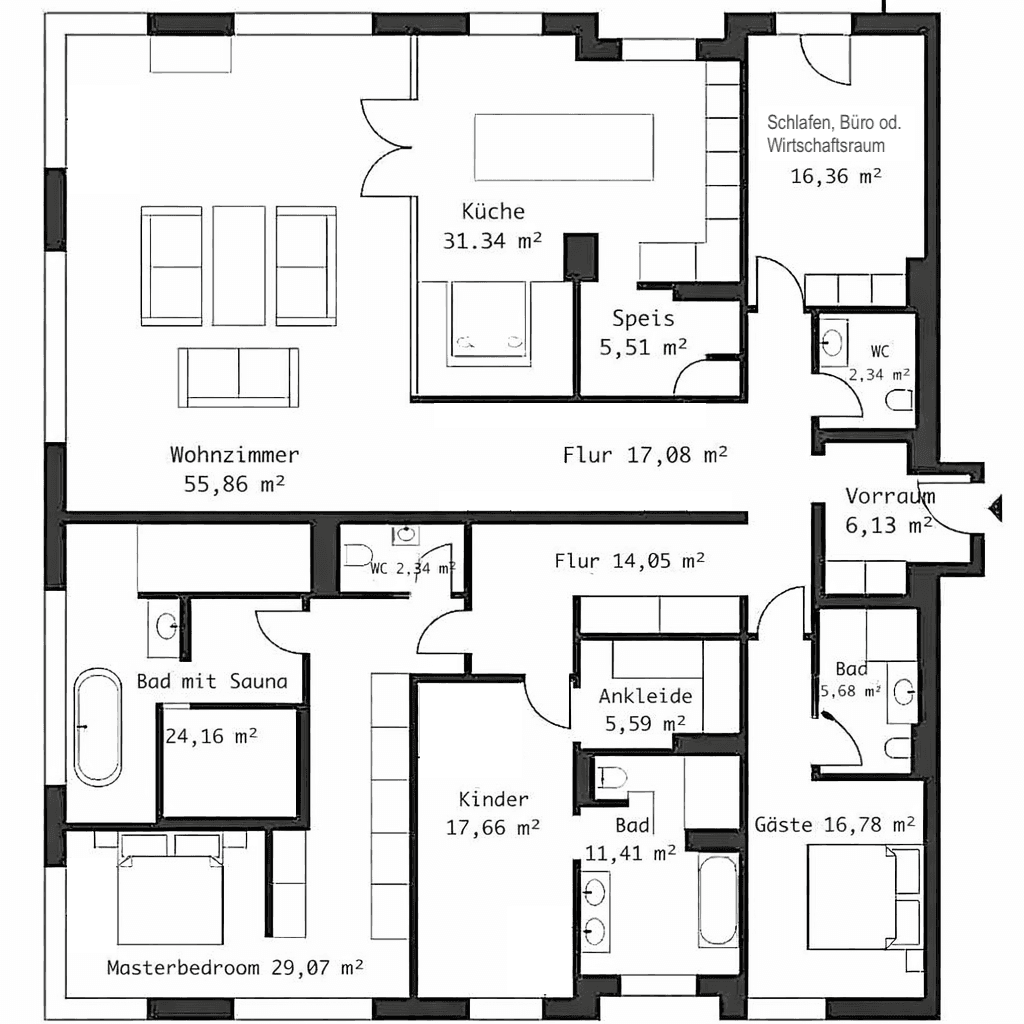 Detaillierter Grundriss einer Wohnung mit mehreren Schlafzimmern, Bädern und offenem Wohnbereich.