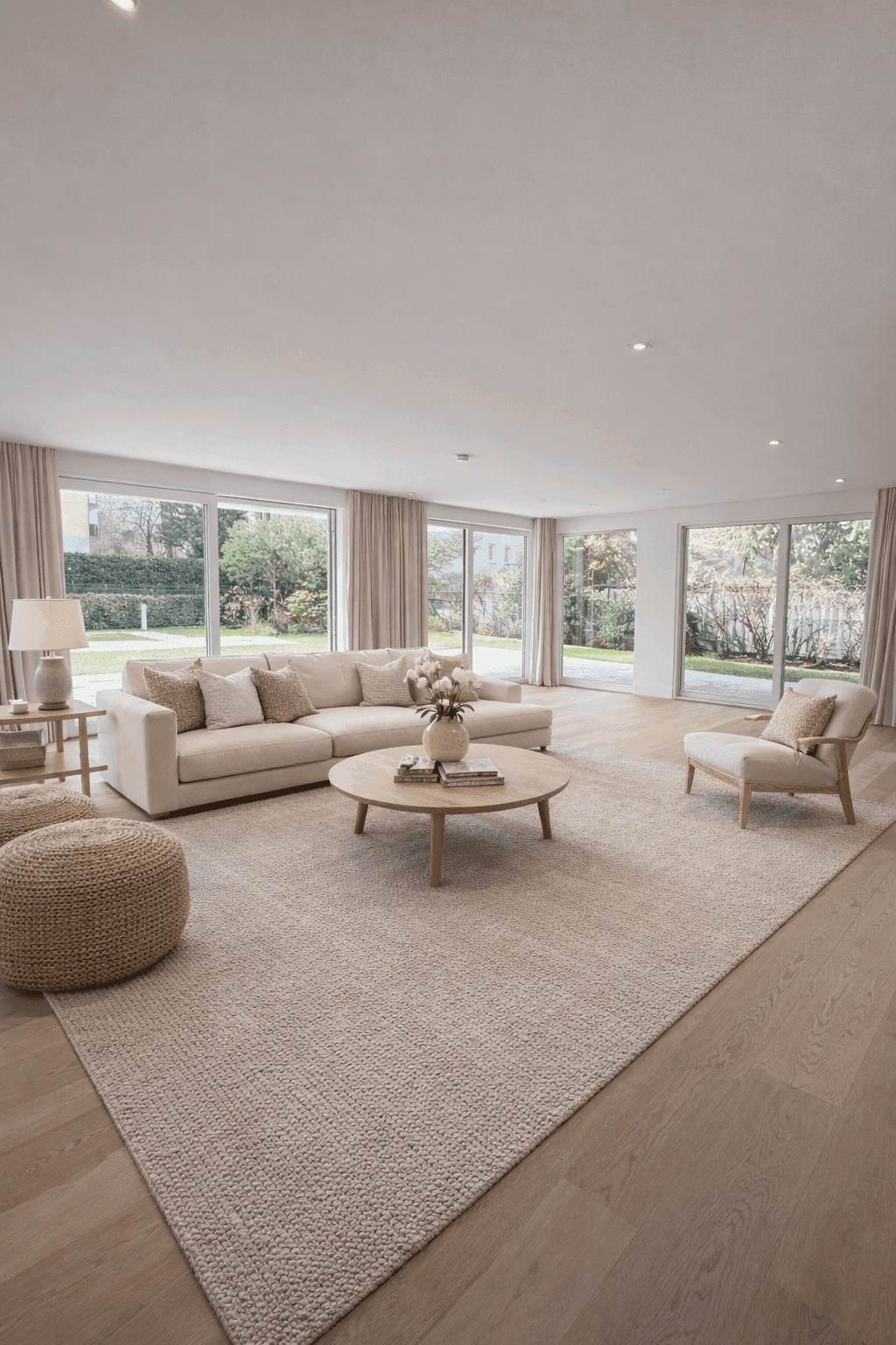 Gemütliches Wohnzimmer mit beigem Sofa, Teppich und großen Fenstern mit Blick auf den Garten.