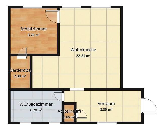 Grundriss der Wohnung mit Schlafzimmer, offener Wohnküche und praktischen Abstellräumen.