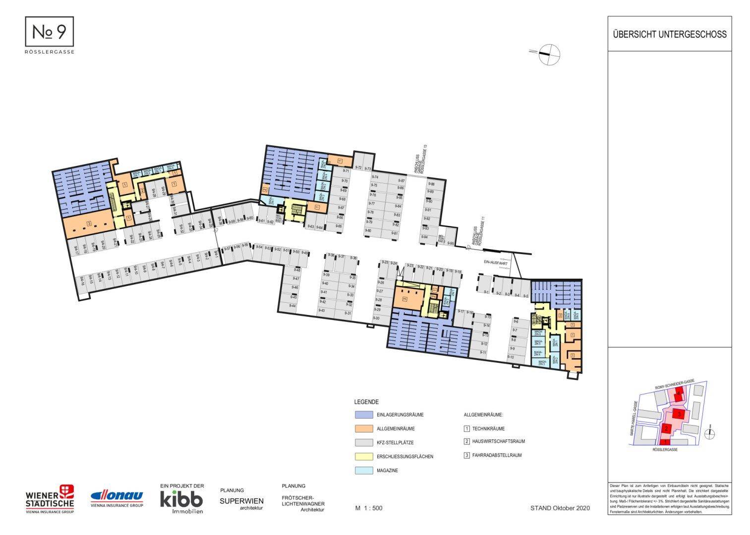 Grundriss des Untergeschosses mit Tiefgaragenstellplätzen, Lagerräumen und allgemeinen technischen Bereichen.