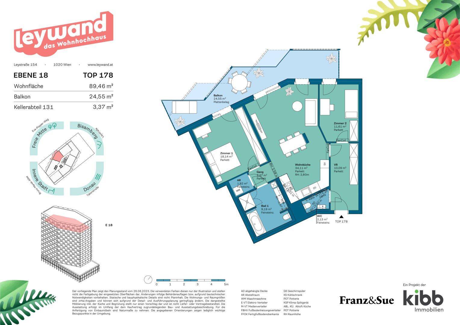 Grundriss einer Wohnung mit offenem Wohnbereich, zwei Bädern und Balkonzugang.