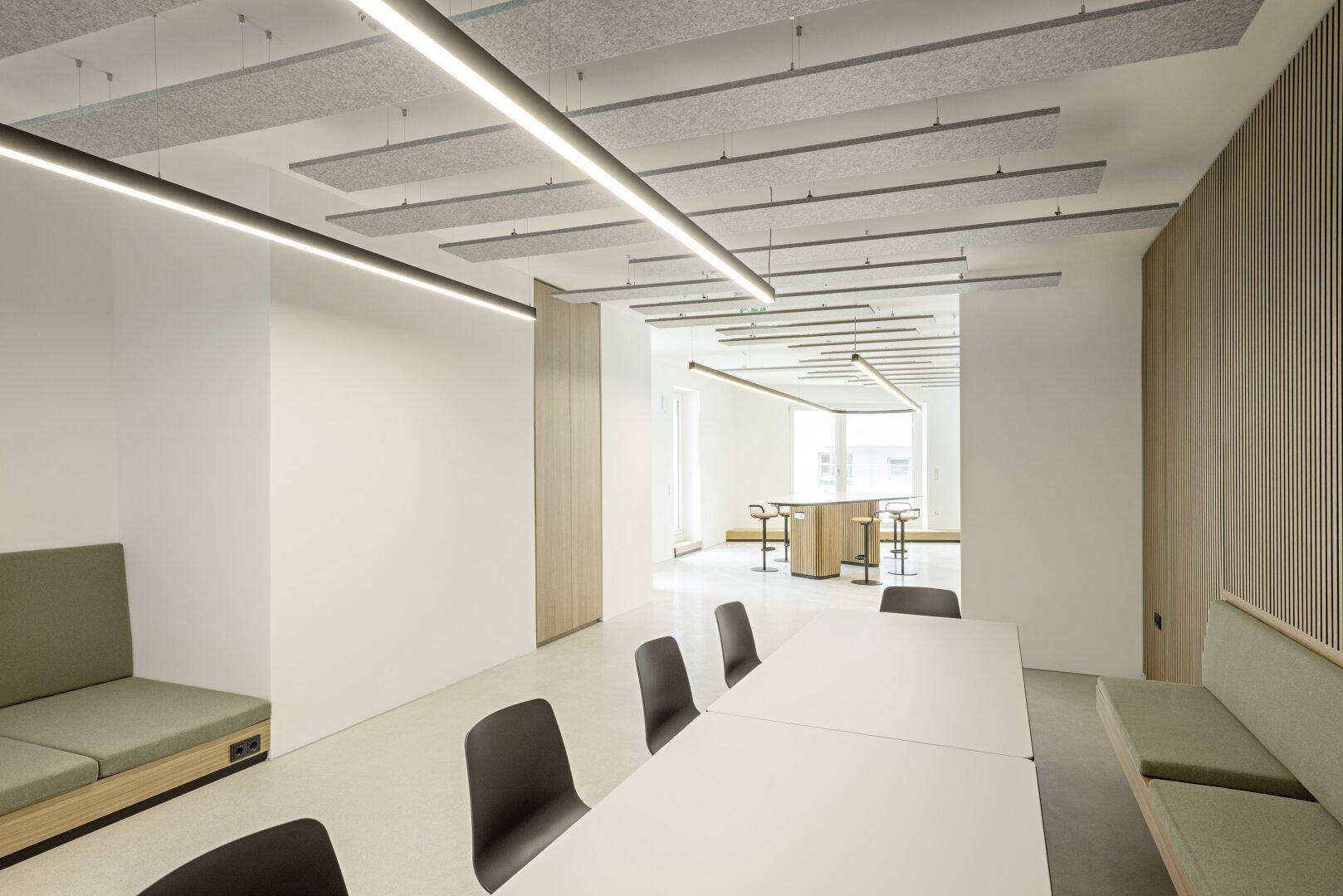 Minimalistischer Bürobereich mit Akustikdeckenplatten und klaren Linien für eine ruhige Arbeitsatmosphäre.