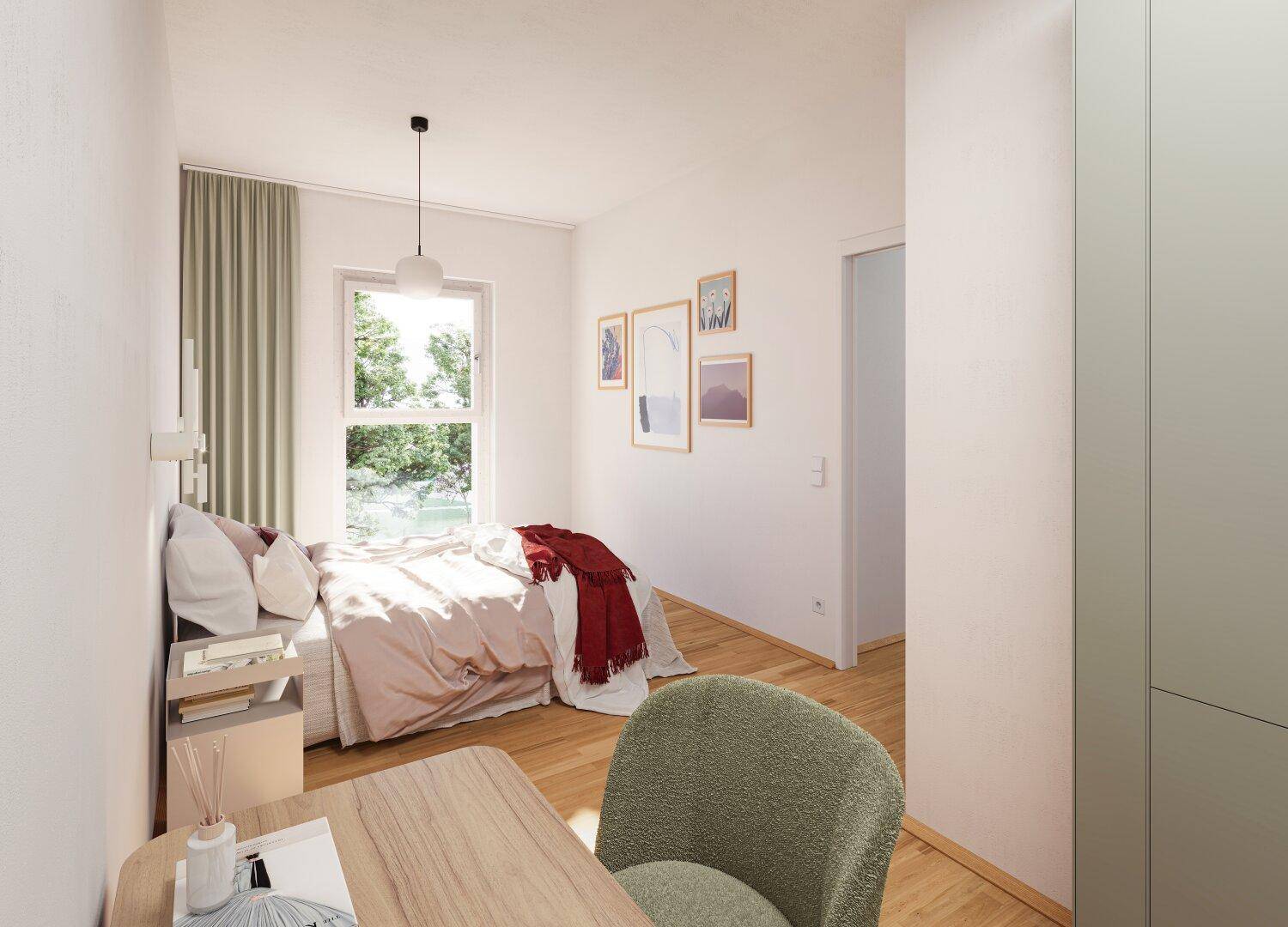 Gemütliches Schlafzimmer mit Holzboden, großem Fenster und modernem Schreibtischbereich.
