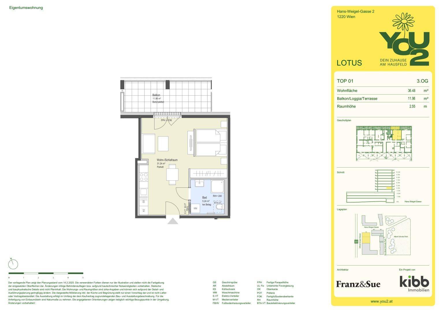 Grundriss einer Wohnung mit Balkon, offenem Wohnbereich und separatem Schlafzimmer.