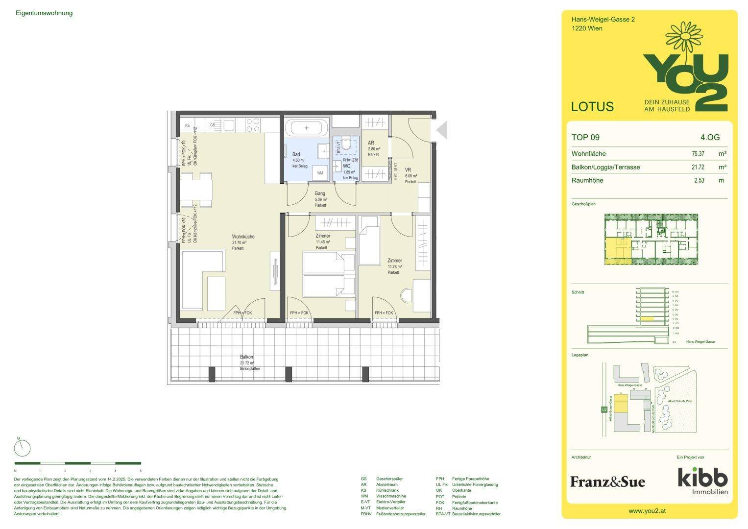 Grundriss einer Wohnung mit zwei Schlafzimmern, offenem Wohnbereich und Balkon.