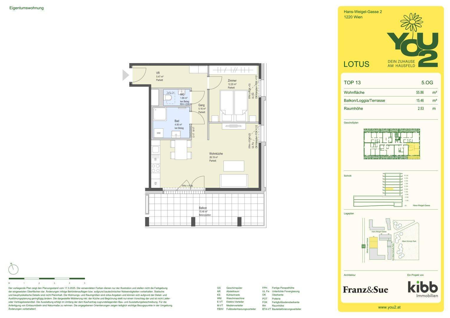 Grundriss der Wohnung 'Lotus' (Top 13) mit Balkon und Raumaufteilung.