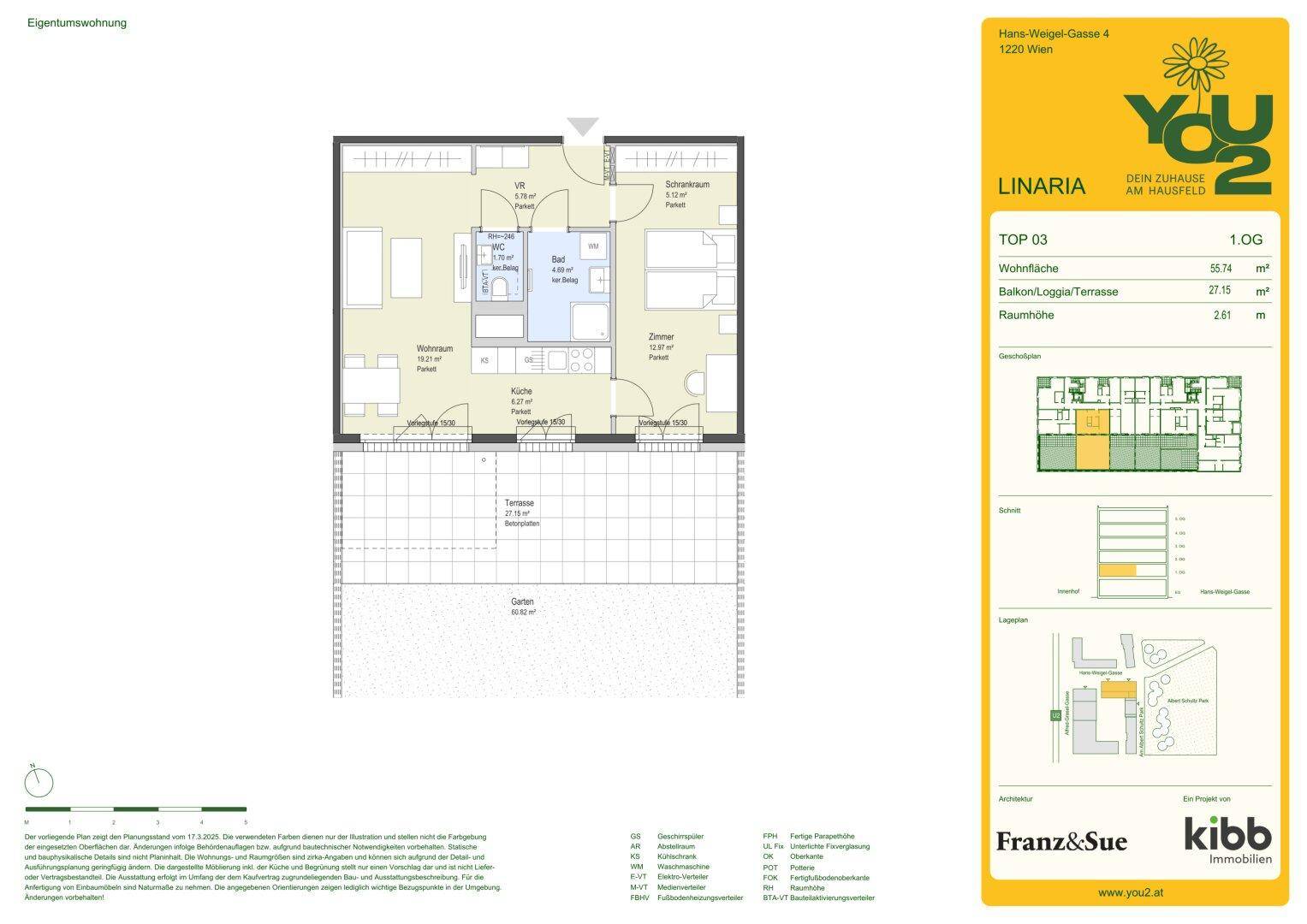 Grundriss einer Wohnung mit 55,74 m² Wohnfläche und Terrasse.