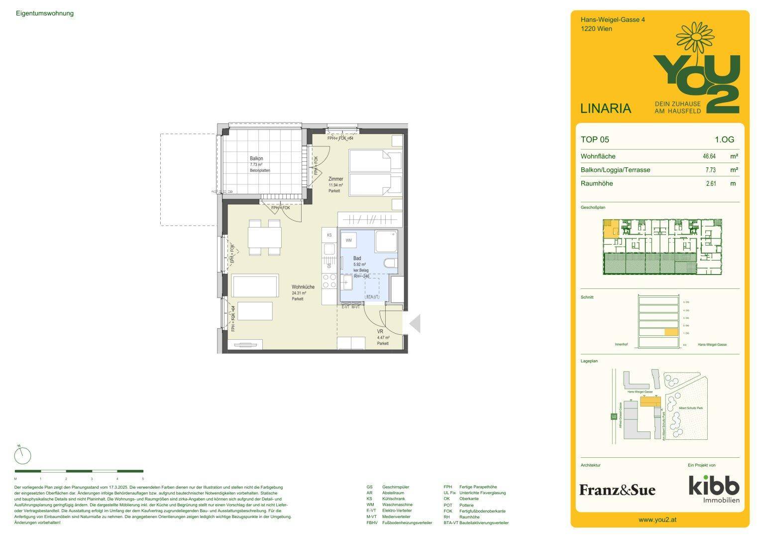 Grundriss einer Wohnung mit Balkon, Schlafzimmer und offenem Wohnbereich.