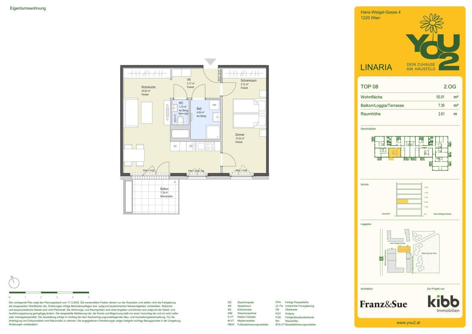 Detaillierter Grundriss einer Wohnung mit 55,91 m² Wohnfläche und Balkon.