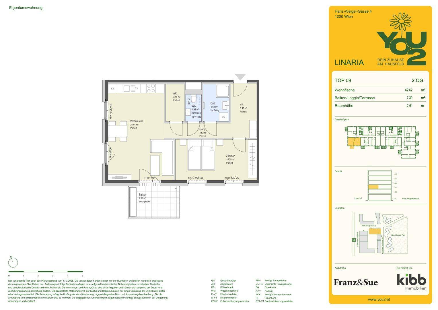Grundriss einer Wohnung mit zwei Schlafzimmern, offenem Wohnbereich und Balkon.