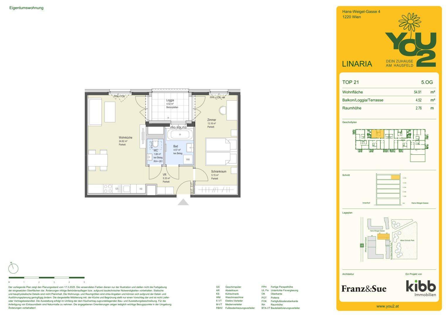 Grundriss einer Wohnung mit offenem Wohnbereich, Schlafzimmer und einer Loggia.
