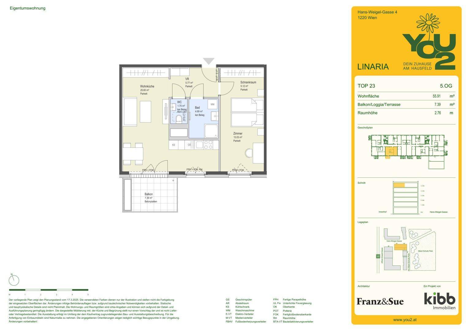Grundriss einer Eigentumswohnung mit offenem Wohnbereich, einem Schlafzimmer, separatem WC und Balkon.