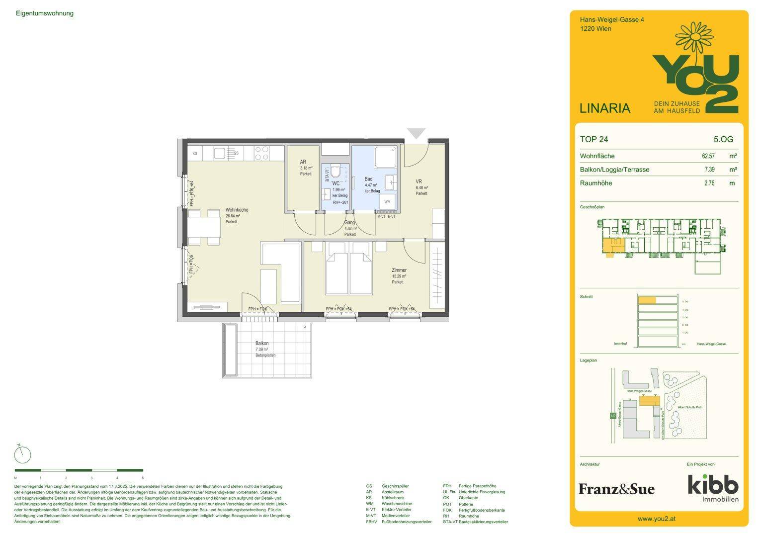 Grundriss einer modernen Wohnung mit offenem Wohnbereich, zwei Bädern und Balkon.