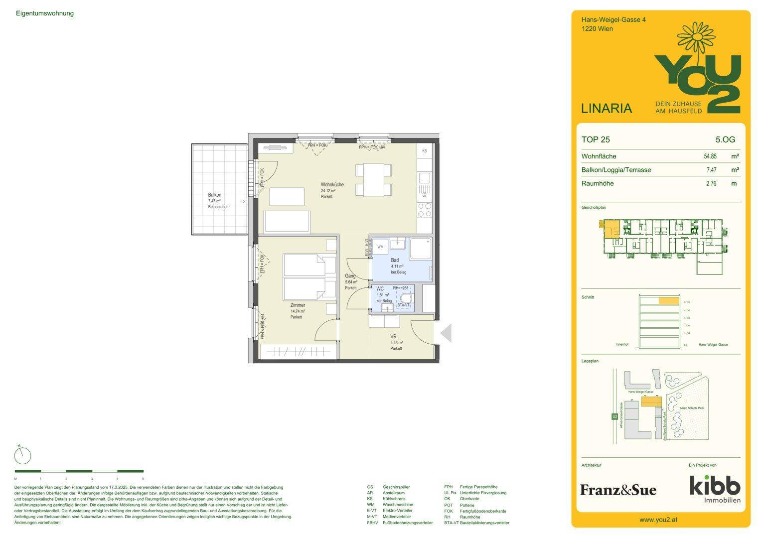 Detaillierter Grundriss einer Wohnung mit zwei Schlafzimmern, offenem Wohnbereich und Balkon.