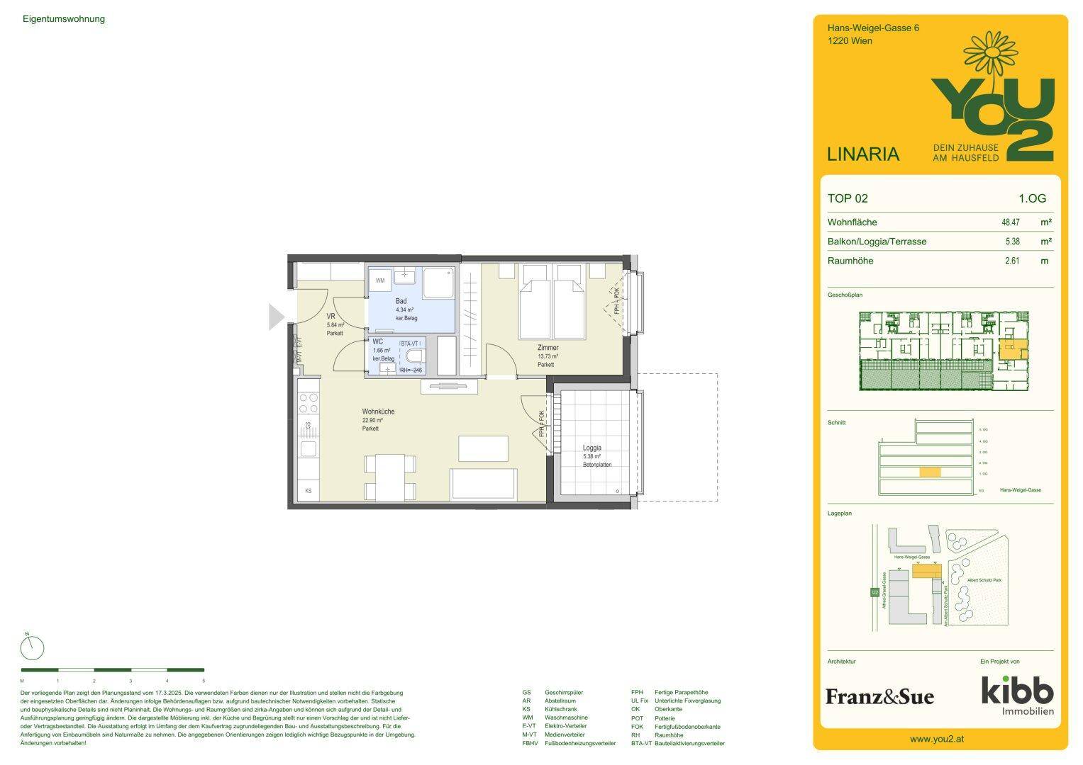 Grundriss der Wohnung TOP 02 mit einem Schlafzimmer, Bad und offenem Wohnbereich.