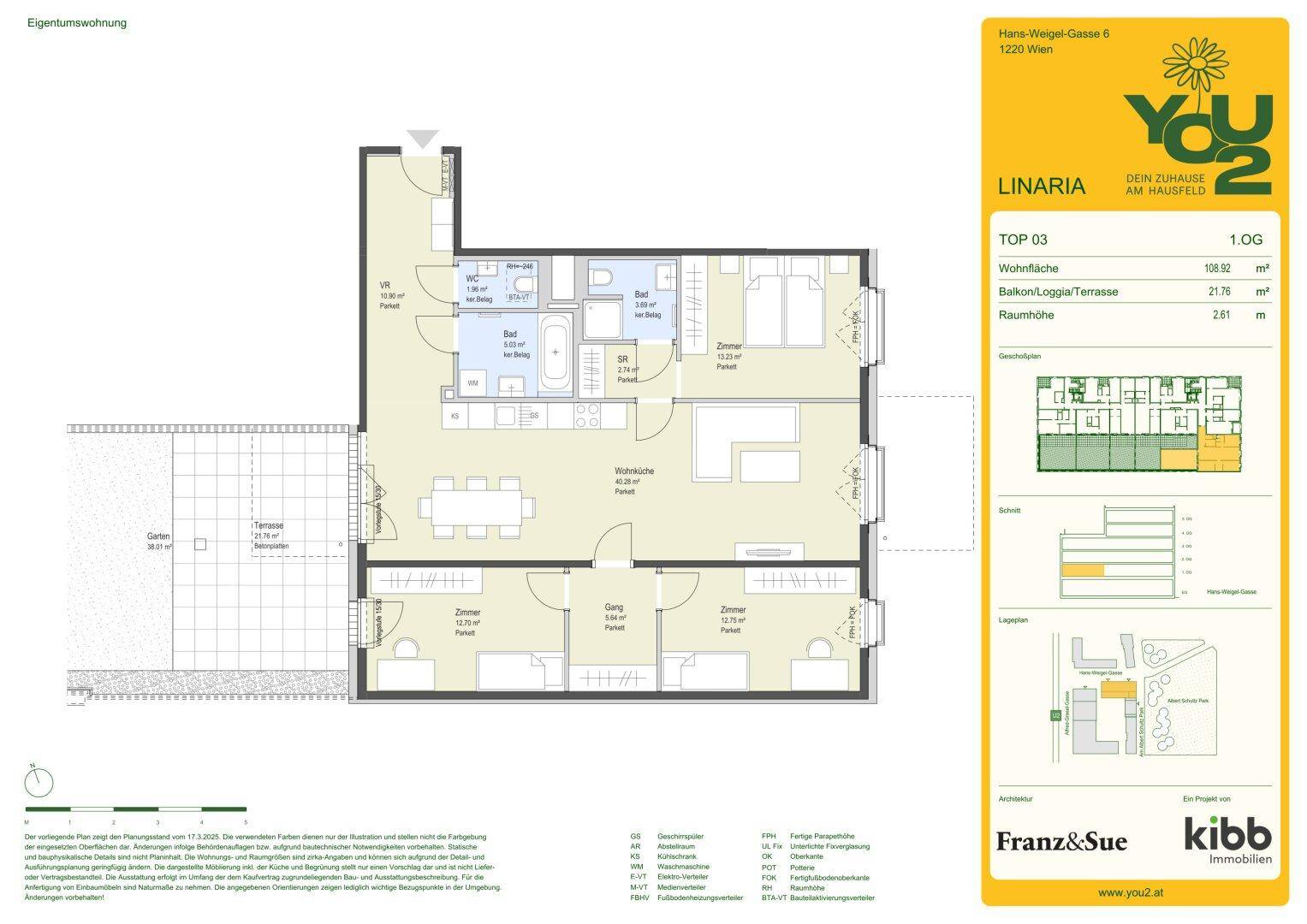 Detaillierter Grundriss einer Wohnung mit drei Zimmern, Balkon und Terrasse.
