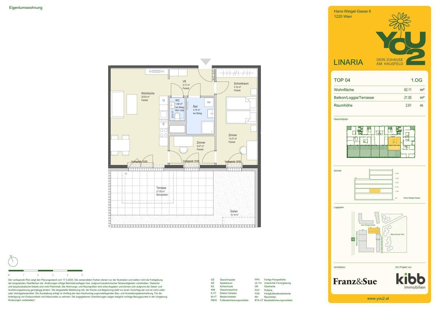 Grundriss einer Wohnung mit offenem Wohnbereich, Schlafzimmer, Bad und großer Terrasse mit Gartenanteil.