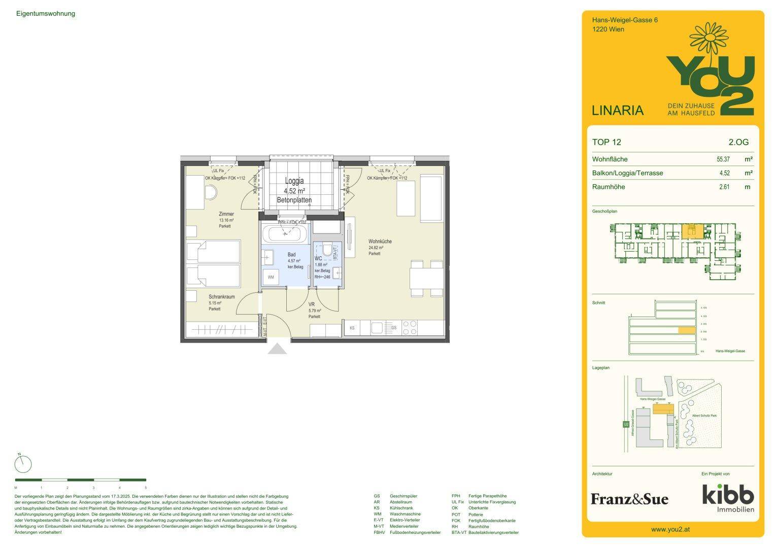 Grundriss der Wohnung TOP 12 mit Loggia, Schlafzimmern und Badezimmern, 55,37 m² Wohnfläche.