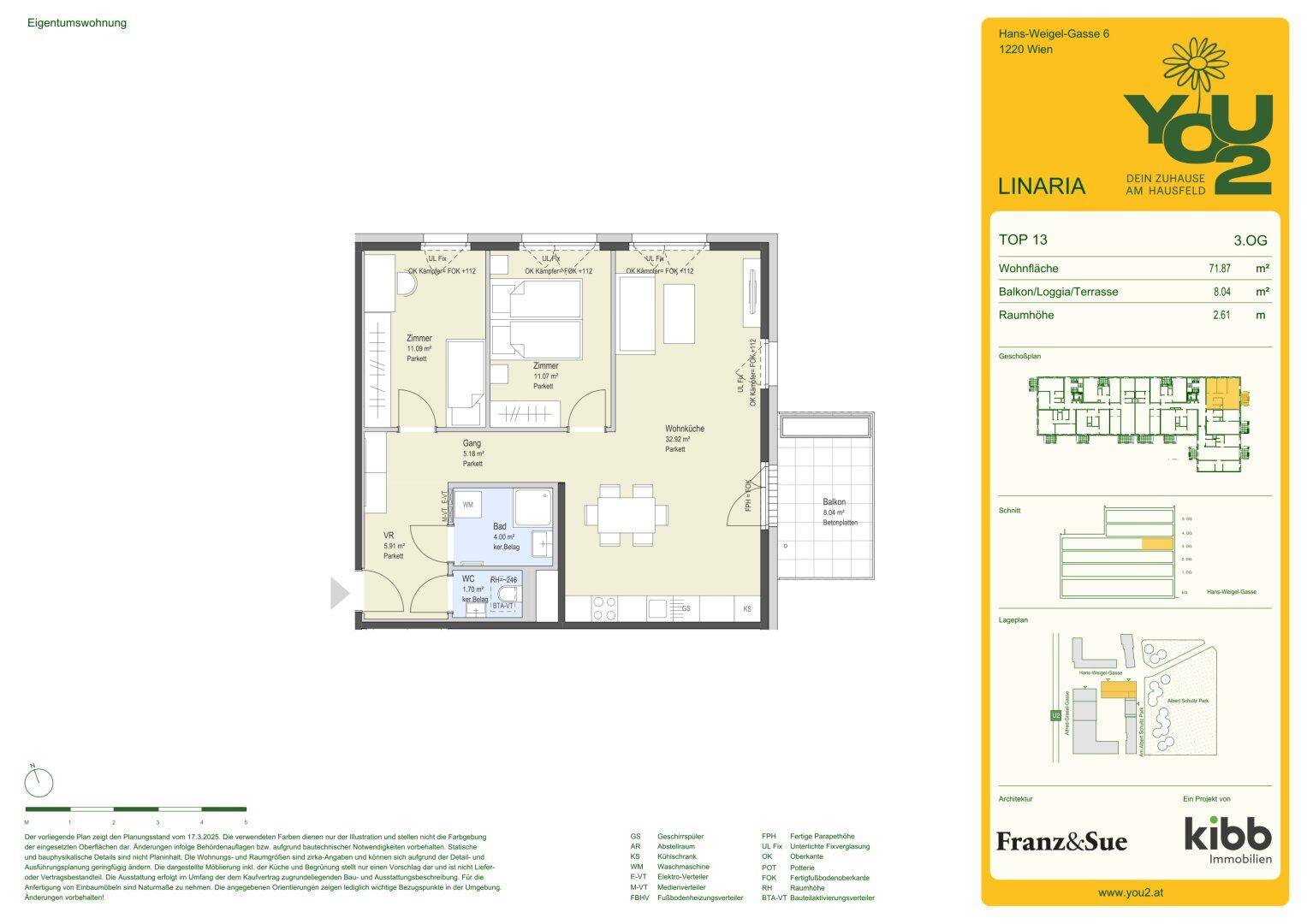 Grundriss einer Wohnung mit zwei Schlafzimmern, offenem Wohnbereich und Balkon.