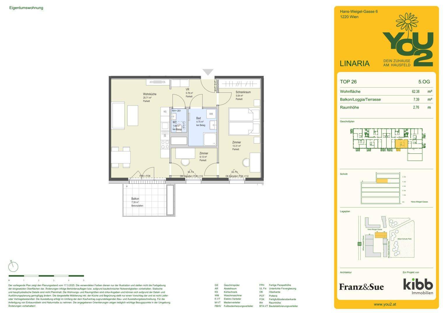 Grundriss der Wohnung Top 26 mit Wohnbereich, Schlafzimmern und Balkon.