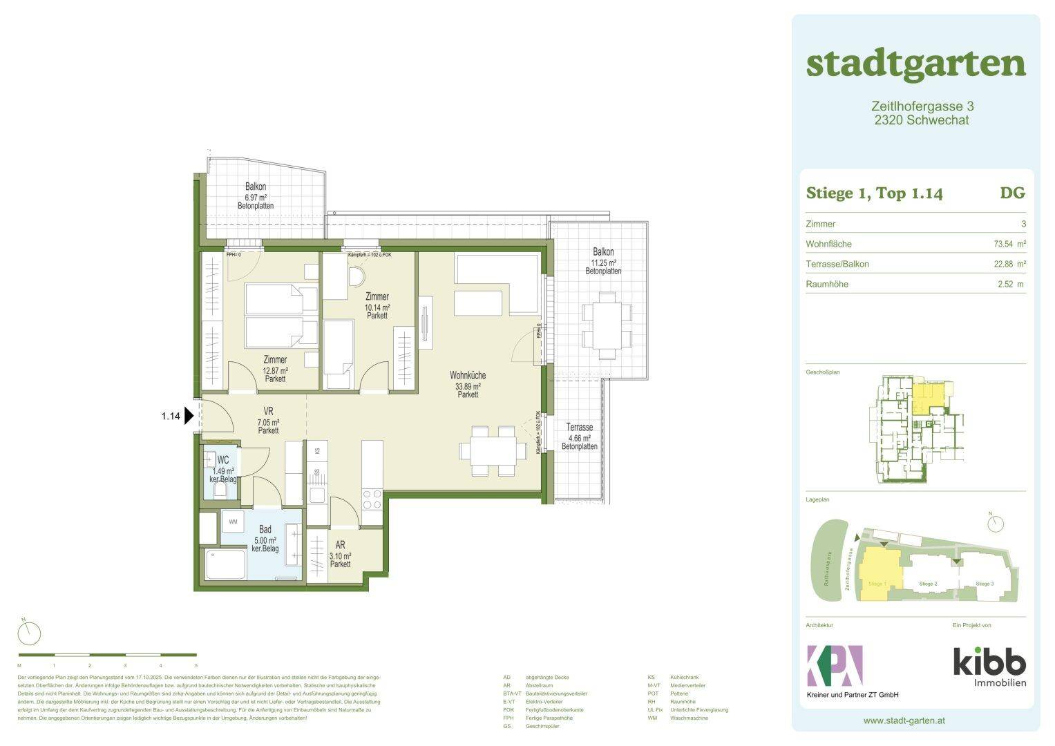 Grundriss einer Dachgeschosswohnung mit Balkon, Terrasse und drei Zimmern.