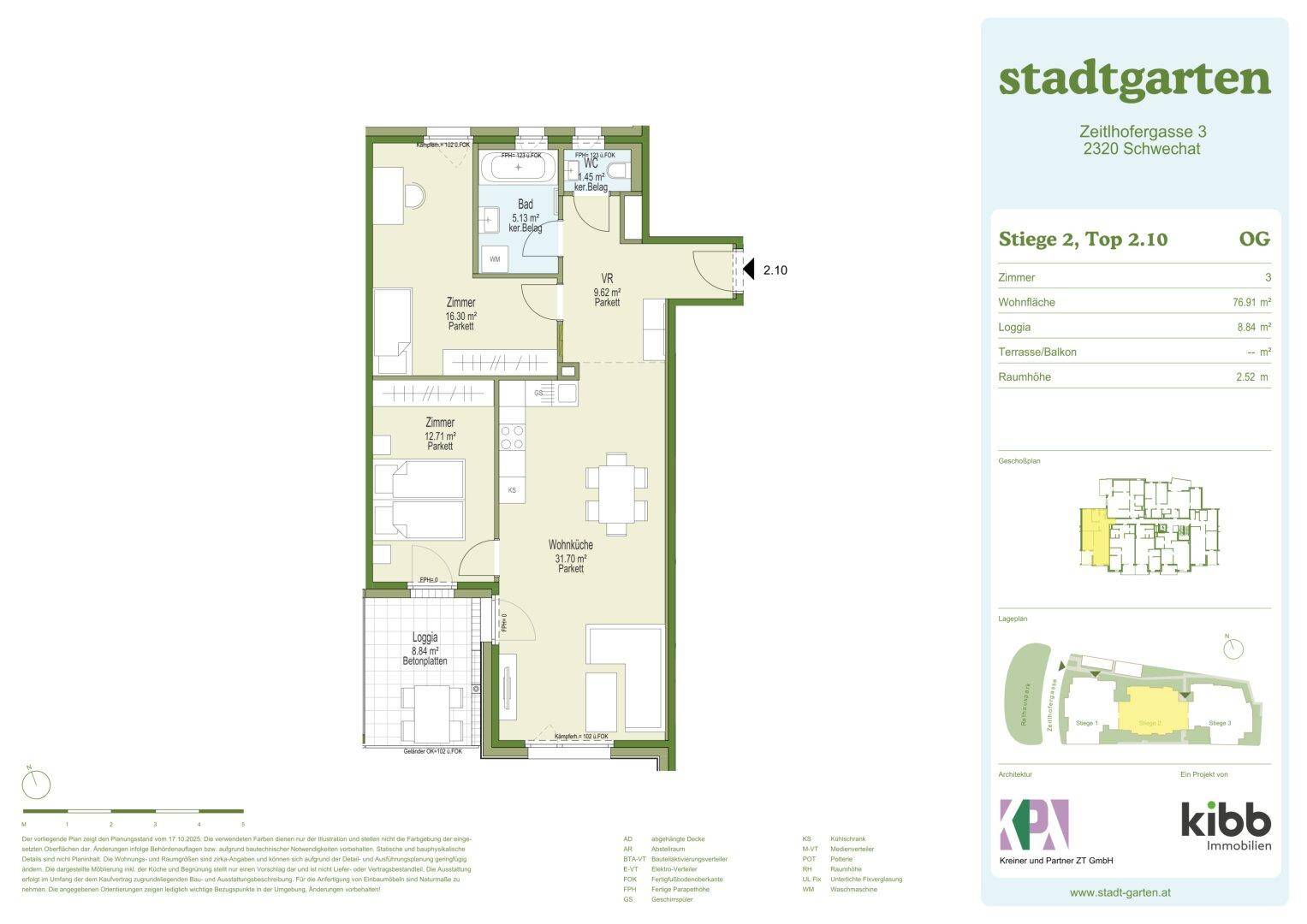 Detaillierter Grundriss einer Wohnung mit Wohnküche, zwei Zimmern, Bad und Loggia.