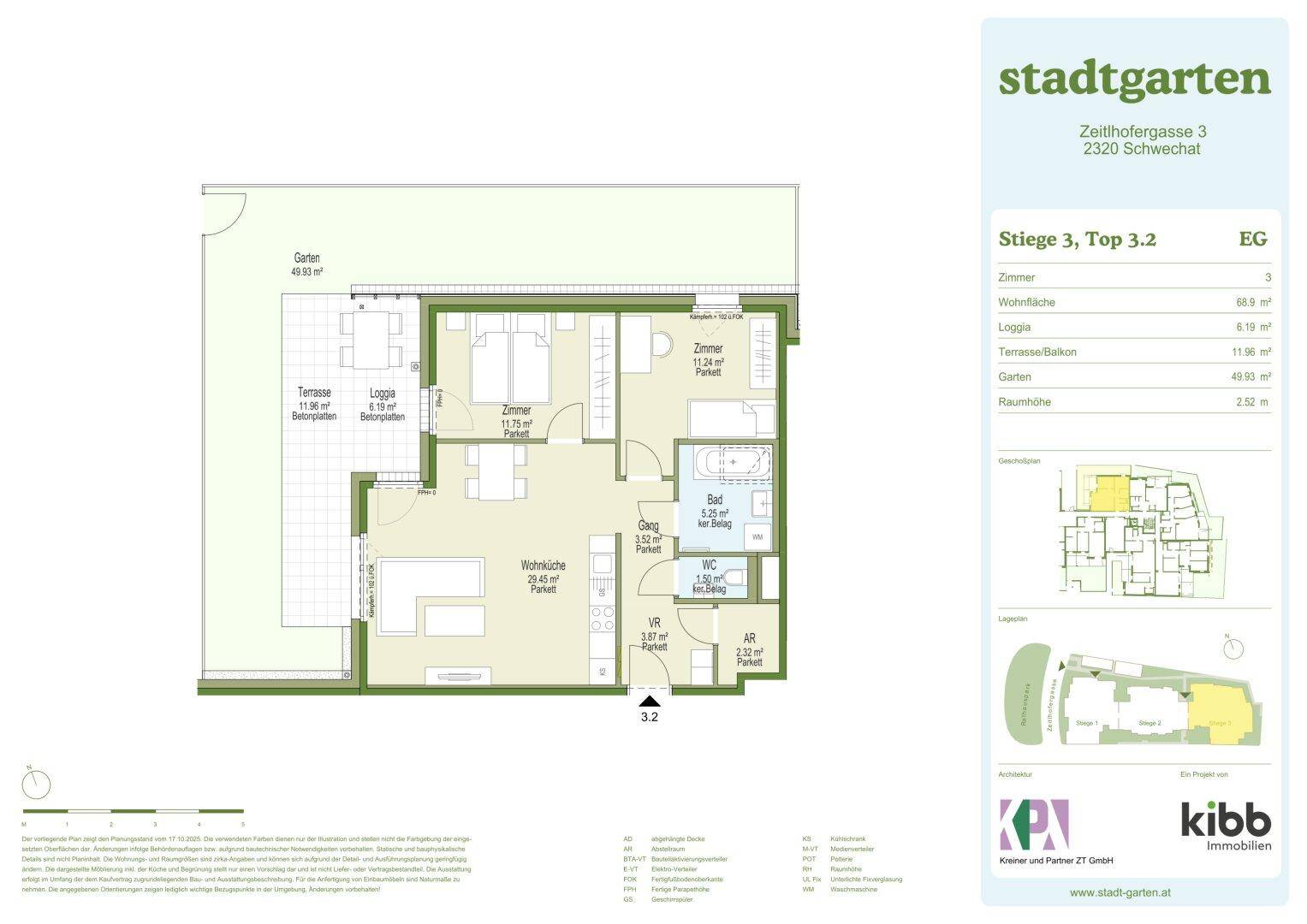 Grundriss einer Erdgeschosswohnung mit Terrasse, Loggia und Gartenbereich.
