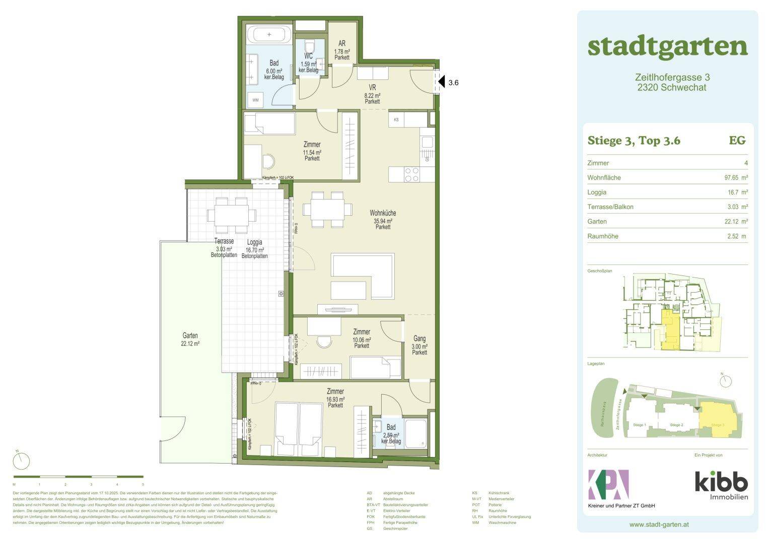 Detaillierter Grundriss einer Wohnung mit drei Zimmern, Loggia, Terrasse und Garten.
