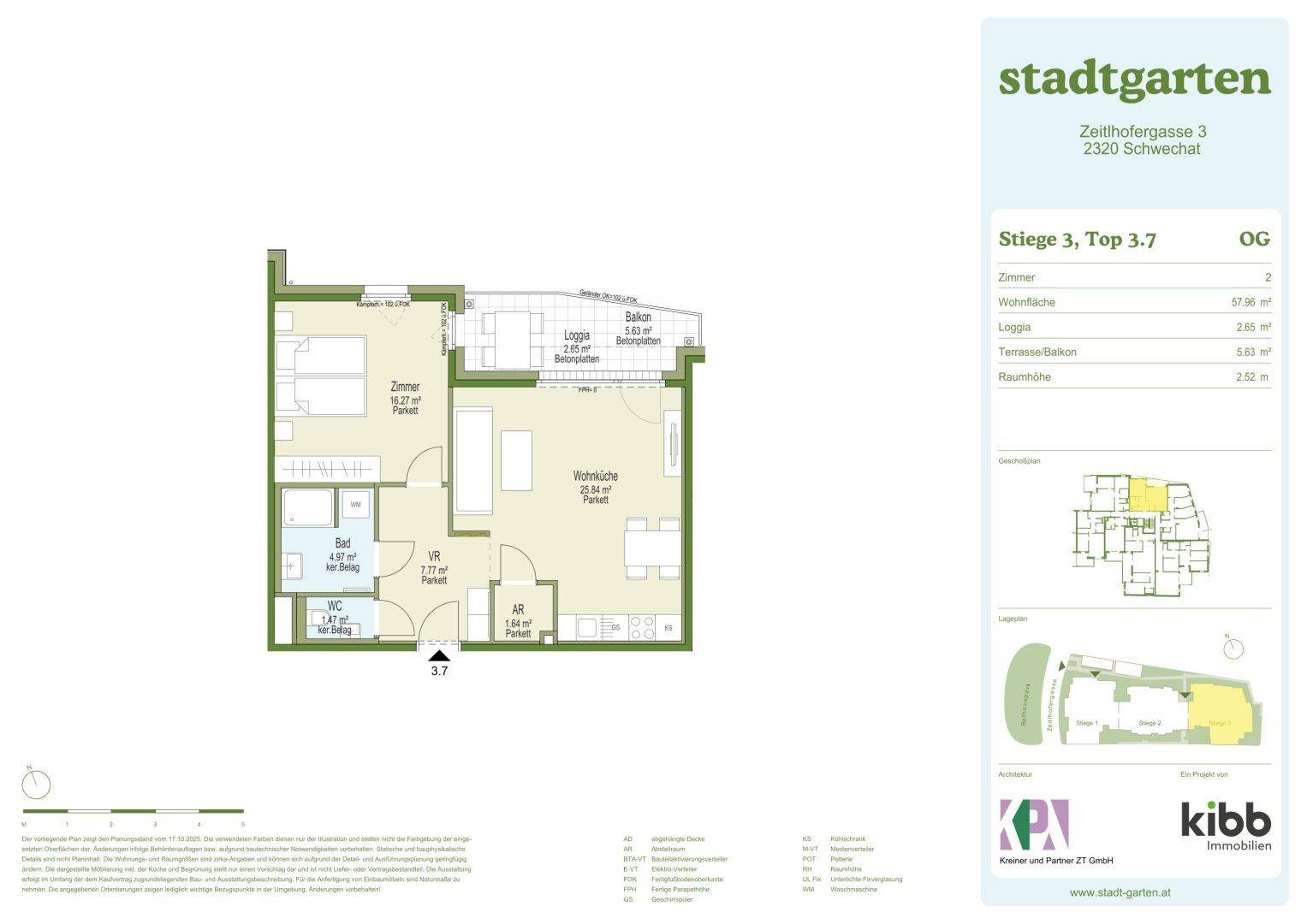 Grundriss einer Wohnung mit zwei Zimmern, Loggia und separatem WC.