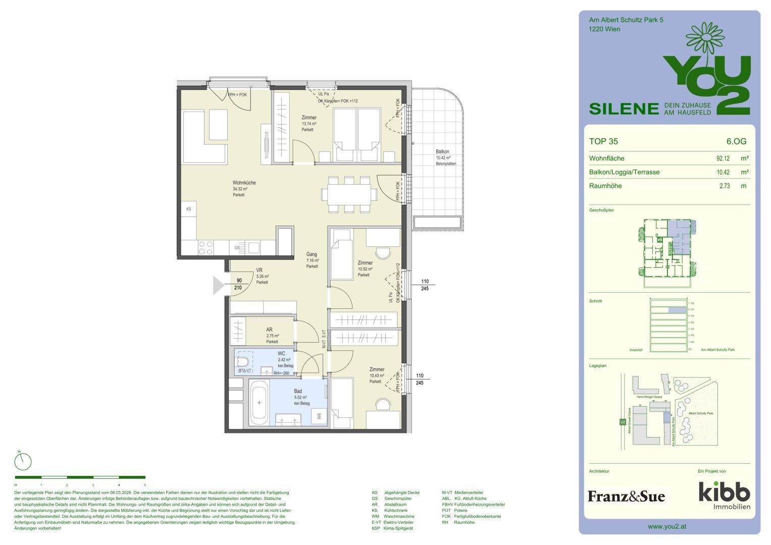 Grundriss einer Wohnung mit offenem Wohnbereich, zwei Bädern, Balkon und Terrasse.