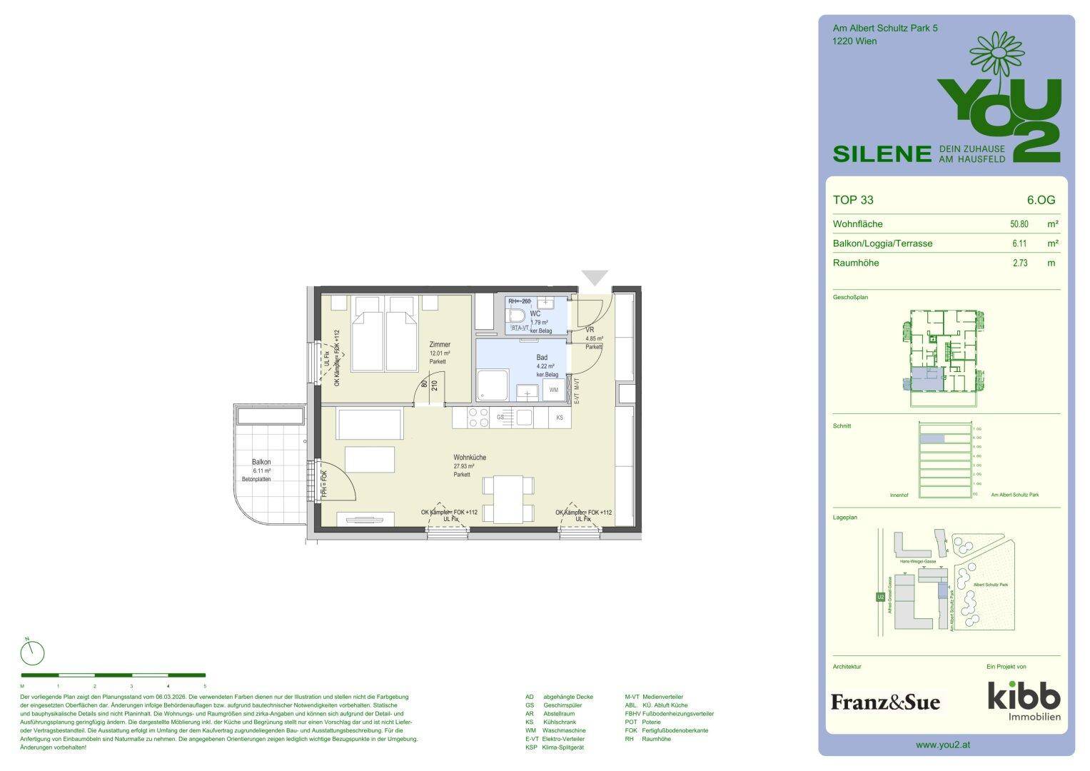 Detaillierter Grundriss einer Wohnung mit Balkon, Wohnküche und Schlafzimmer.