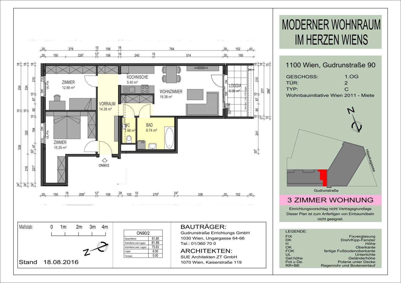 Detaillierter Grundriss einer 3-Zimmer-Wohnung mit Loggia und offenem Wohnbereich.