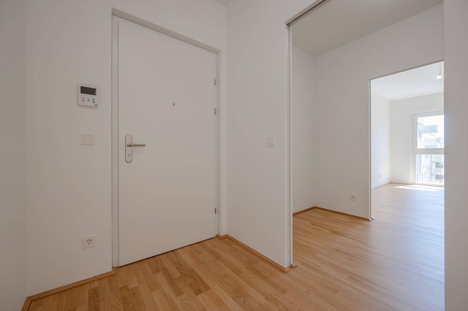 Heller Eingangsbereich mit Holzboden und weißer Tür, führt in weitere Räume.