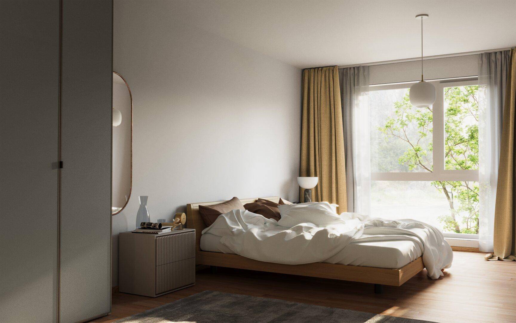 Gemütliches Schlafzimmer mit Holzbett, großem Fenster und Blick ins Grüne, ausgestattet mit modernem Kleiderschrank.