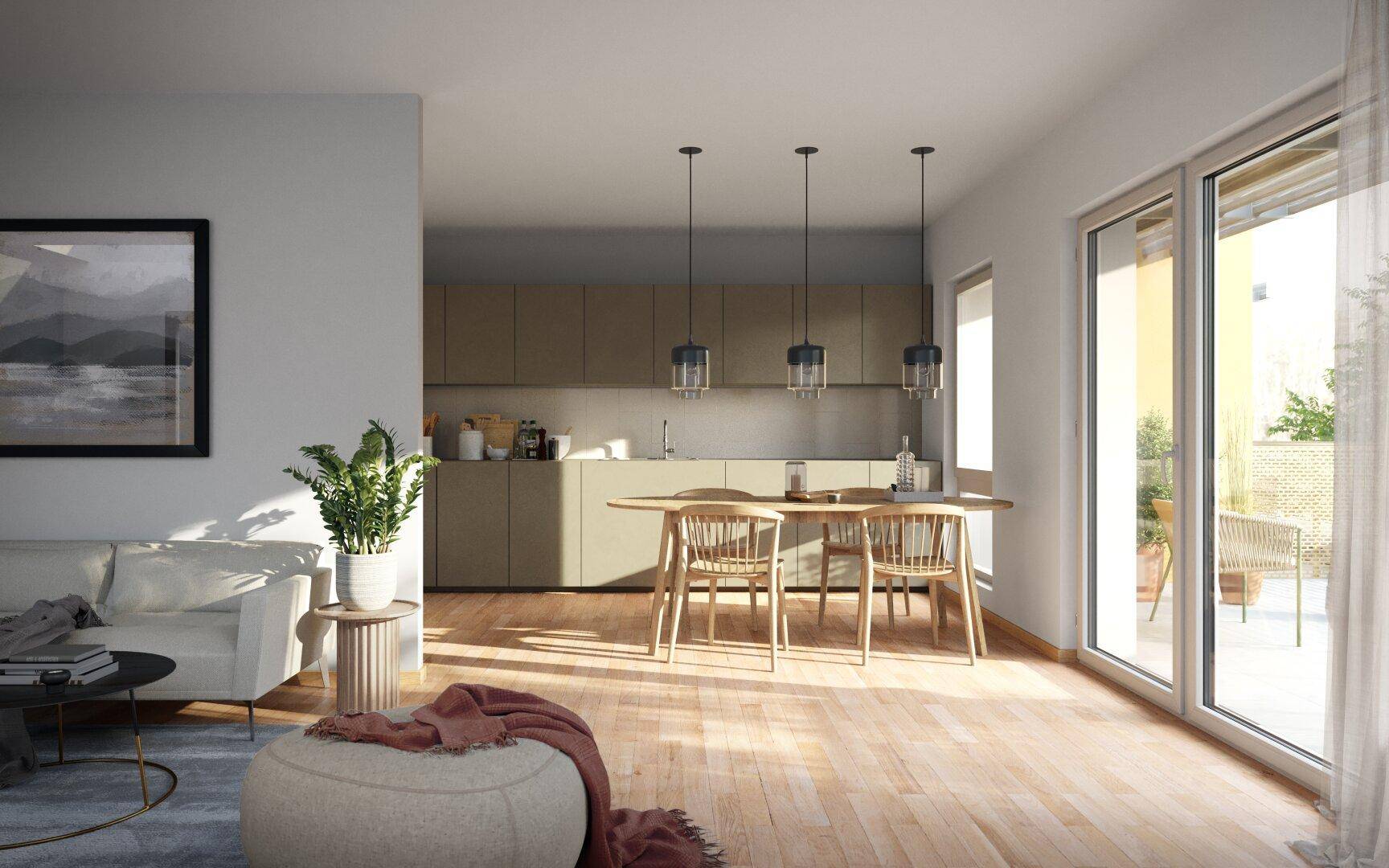 Heller offener Wohn-Essbereich mit moderner Küche, Holzboden und Zugang zu einer Terrasse.