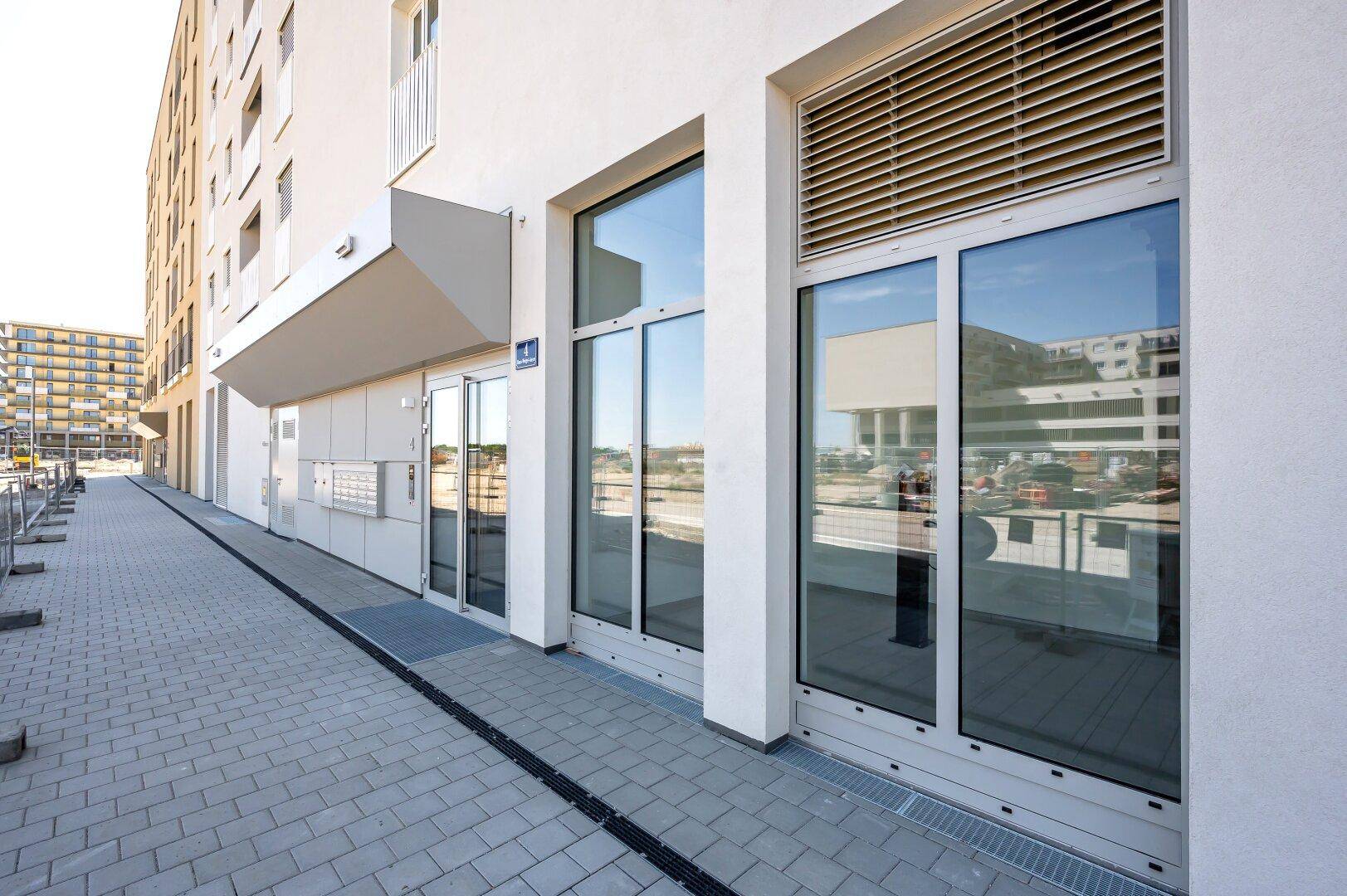 Moderner Eingangsbereich im Erdgeschoss mit großen Glastüren und gepflastertem Gehweg.
